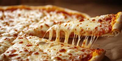 Cheesy pizza slice being lifted from freshly baked pie with golden crust in a warm kitchen setting photo