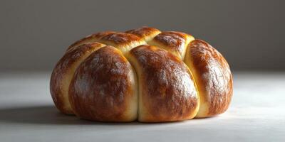 Freshly baked round bread loaf with a golden crust displayed on a kitchen counter under soft lighting photo