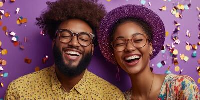 Joyful couple celebrating with confetti against a purple backdrop during a festive event photo