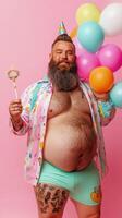Man in colorful outfit celebrates birthday with balloons and a wand against a vibrant pink background photo
