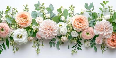 Beautiful floral arrangement featuring pink and white blooms with greenery on a light background for decor purposes photo