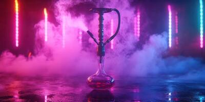 Colorful hookah sits in a misty room illuminated by vibrant lights during a late-night gathering photo
