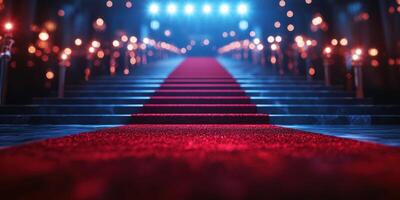Red carpet leading up to a grand entrance with blue and warm lights illuminating the pathway photo