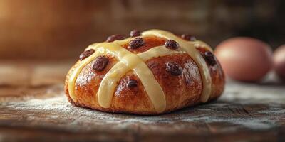 Delicious freshly baked hot cross bun with rich glaze and currants on a rustic wooden surface photo