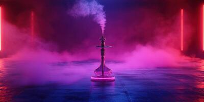 Hookah emits colorful smoke in a dimly lit room with neon lights during a vibrant evening gathering photo