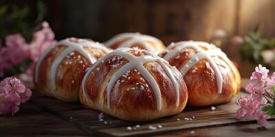 Freshly baked hot cross buns adorned with icing and sprinkled sugar on a wooden board with flowers photo