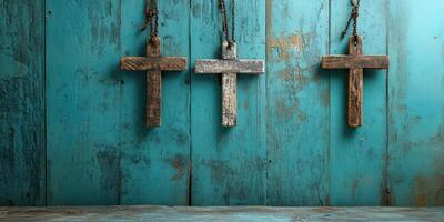 Three rustic wooden crosses hanging on a distressed turquoise background create a serene and spiritual atmosphere in the setting photo
