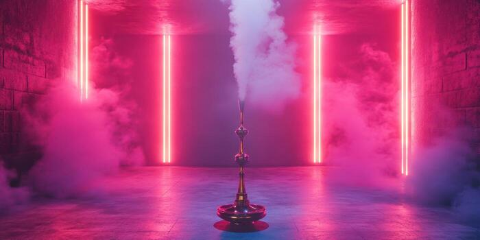 Colorful smoke and neon lights create an atmospheric setting in an underground lounge photo