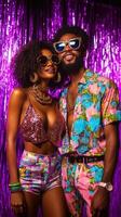 Vibrant couple enjoying a night out in colorful outfits at a neon-lit party in a lively urban setting photo