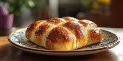 Golden brown freshly baked bread rolls on a decorative plate served in a cozy kitchen setting photo