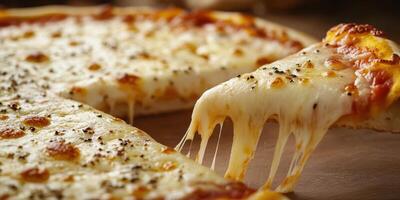 Melted cheese pizza being served with a delicious stretch at a casual dining setting photo