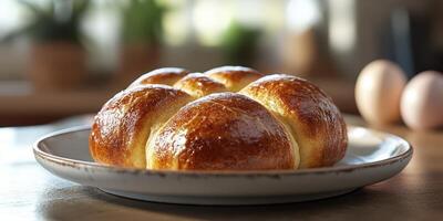 Freshly baked golden brioche rolls displayed on a rustic table setting with natural light in a cozy kitchen photo