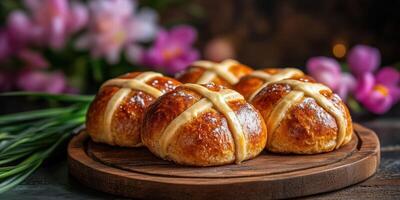 Freshly baked hot cross buns on wooden platter with blurred flowers in the background photo