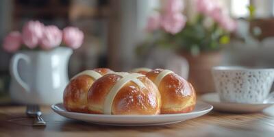 Delicious freshly baked hot cross buns on a wooden table with flowers in the background photo