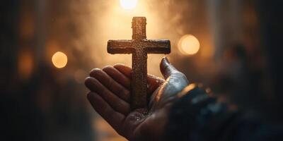 Holding a cross in a dimly lit environment with warm, glowing lights in the background during a spiritual moment of reflection photo