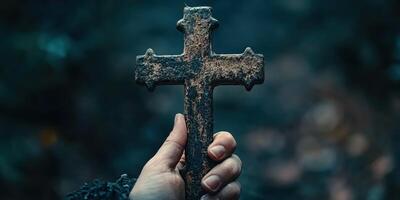 Hand holding a weathered cross in a dark, atmospheric setting during a somber moment of reflection photo