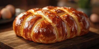Warm freshly baked challah bread displayed on a wooden cutting board in a cozy kitchen setting during the afternoon photo