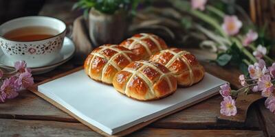 Delicious homemade hot cross buns with tea on a rustic wooden table surrounded by flowers photo