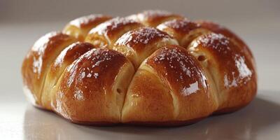 Freshly baked golden bread rolls with a shiny crust and sea salt on top displayed on a clean surface photo