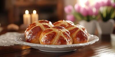Deliciously baked hot cross buns displayed on a decorative plate in a cozy setting with candles and fresh flowers photo