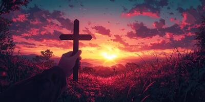 Holding a cross against a breathtaking sunset over a mountainous landscape photo