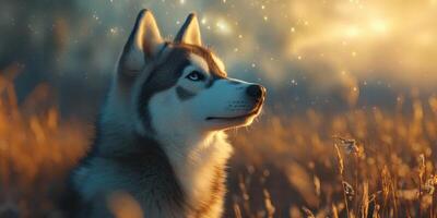 Majestic husky gazing at the sunset in a golden field with shimmering particles in the air photo