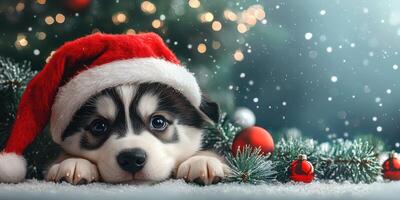 Cute puppy wearing a Santa hat resting on the floor near a decorated Christmas tree in a cozy indoor setting photo