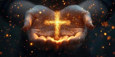 Spiritual hands hold a glowing cross symbol surrounded by golden light particles in a serene setting photo