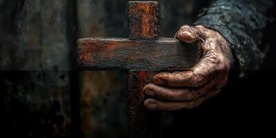 Weathered hand gripping an aged wooden cross against a dark, textured background during a somber moment of reflection photo