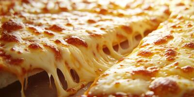 Cheesy pizza slices with golden crust and gooey cheese from a recent bake at a cozy pizzeria photo