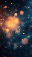 Colorful abstract background with glowing particles and bokeh effects in shades of orange and blue photo