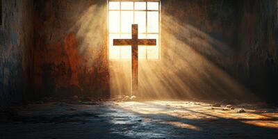 Light streams through a broken window illuminating a weathered cross in an abandoned room photo