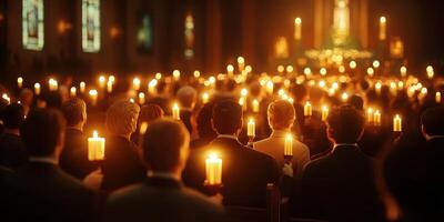 People gather in a church lit by candles during a solemn evening ceremony for remembrance and prayer photo
