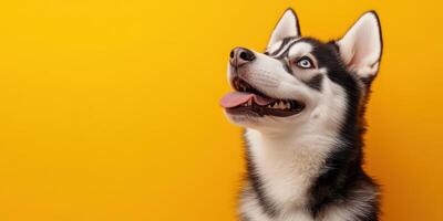 Happy husky dog with striking blue eyes poses against a bright yellow background photo