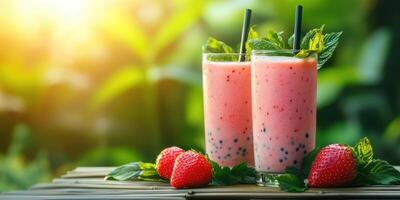 Refreshing strawberry smoothies are served in a serene garden setting during the golden hour of sunset photo