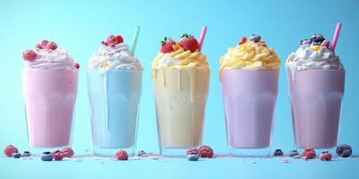 Colorful milkshakes with raspberries and blueberries served against a light blue background during a summer afternoon photo