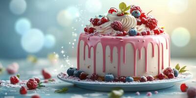 Delicious pink cake adorned with fresh berries and cream at a festive gathering photo