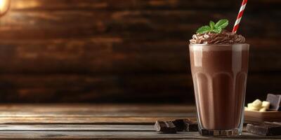 Delicious chocolate milkshake served in a tall glass with whipped cream and mint garnish in a cozy setting photo