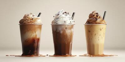 Delicious frozen coffee drinks with whipped cream and chocolate chips on a clean tabletop photo