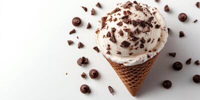 Creamy chocolate chip ice cream cone topped with chocolate shavings sits amidst chocolate pieces photo