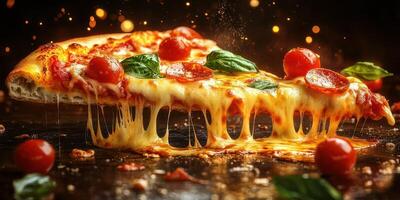 Mouthwatering pepperoni pizza slice with melted cheese and fresh basil served on a rustic wooden table photo