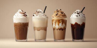 Various delicious milkshakes displayed in clear glasses with whipped cream and toppings on a neutral background photo