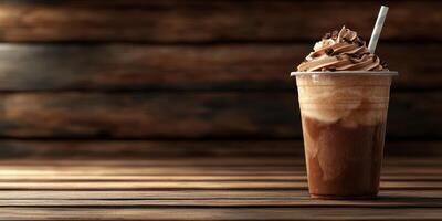 Delicious chocolate dessert drink topped with whipped cream and chocolate shavings placed on rustic wooden table photo