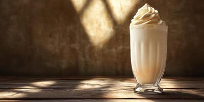 Creamy milkshake served in a classic glass on a wooden table with warm sunlight filtering through photo