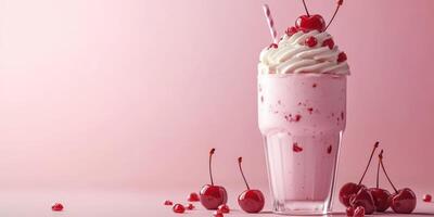 Refreshing cherry milkshake served in a tall glass with whipped cream on top against a pink background photo