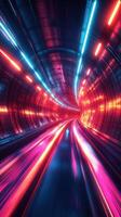 Colorful light tunnel creates a surreal experience of speed and motion at night photo