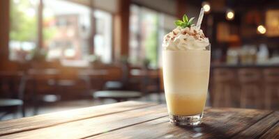 Creamy dessert drink in a cozy cafe setting with natural light pouring in photo