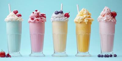 Colorful milkshakes with whipped cream and fruit toppings displayed against a light background photo