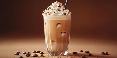 Delicious iced coffee topped with whipped cream, chocolate shavings, and coffee beans on a wooden table photo