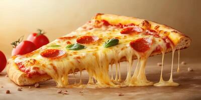 Delicious pepperoni pizza slice with melted cheese and fresh basil on a warm background photo